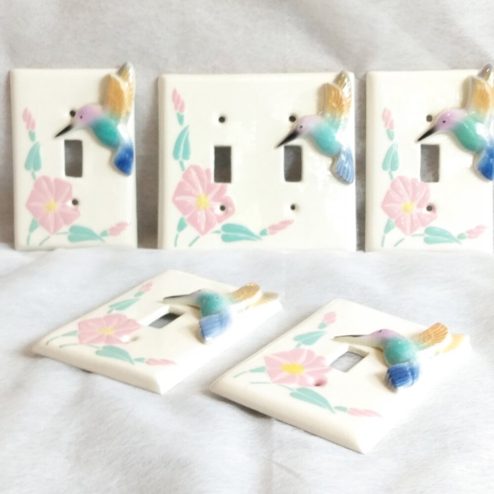 Vintage 80s All Fired Up-Hand Painted Hummingbirds Light Switch Plates-Lot Of 5